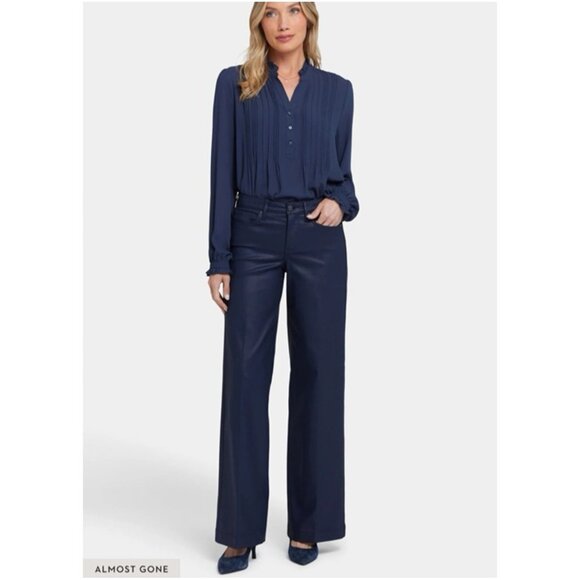 NYDJ Teresa Wide-Leg Faux Leather Pants navy button zip 5 pockets sz 12 starless - Picture 1 of 16